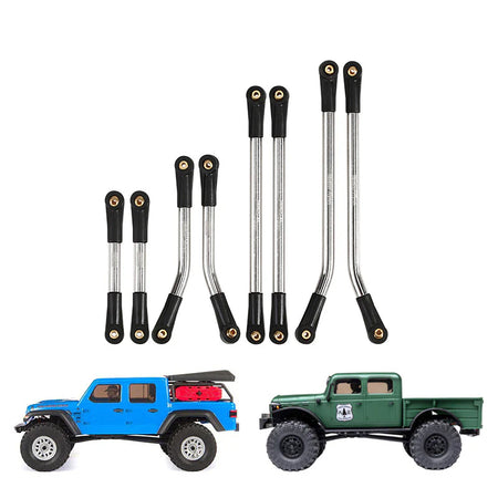 Set of metal suspension links with two toy cars on a white background