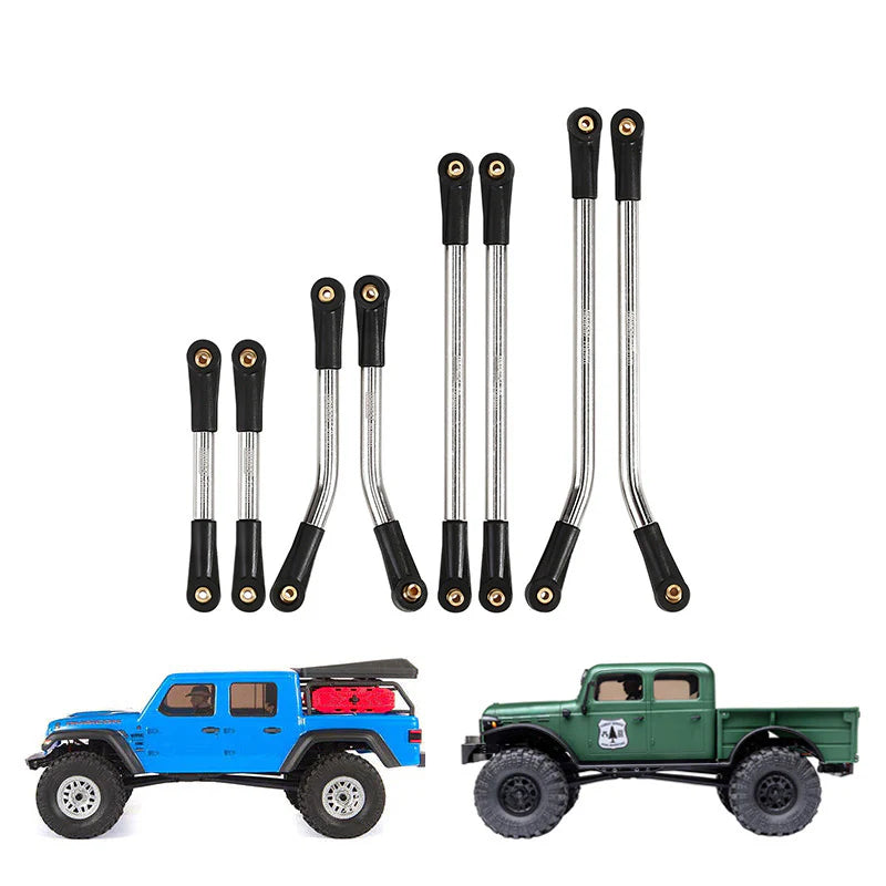 Set of metal suspension links with two toy cars on a white background