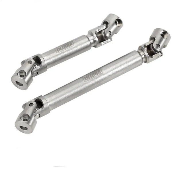 Two metal drive shafts with INJORA branding on a white background, with two toy cars below.