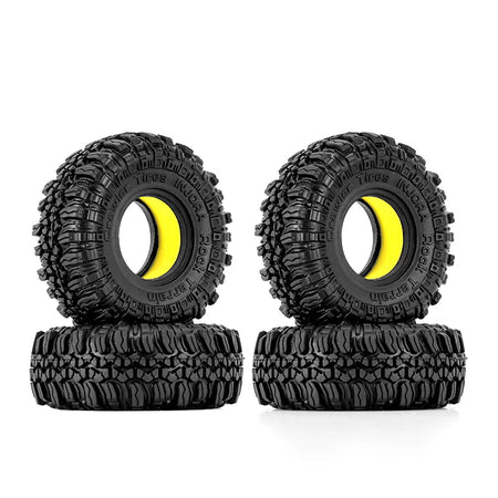 Four black off-road tires with yellow centers on a white background, featuring the INJORA brand.