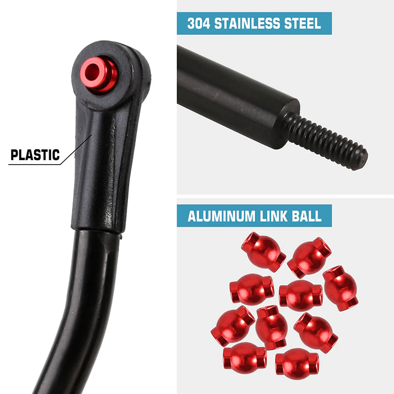 Black metal rod with red components labeled on a white background