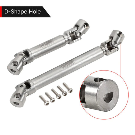 Metallic universal joints with screws on a white background, highlighting D-shape hole feature.