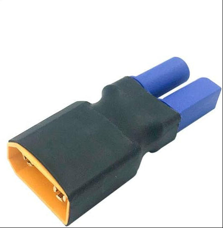 Four XT90 electrical connector plugs arranged diagonally on a plain white background. Each connector has a black body, a gold-toned inner contact area, and blue terminal tips.