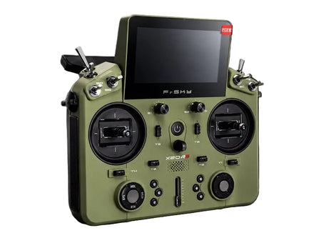 An olive green FISHU X20R wireless remote controller with a black display screen, dual joysticks, and various control buttons, set against a white studio background.
