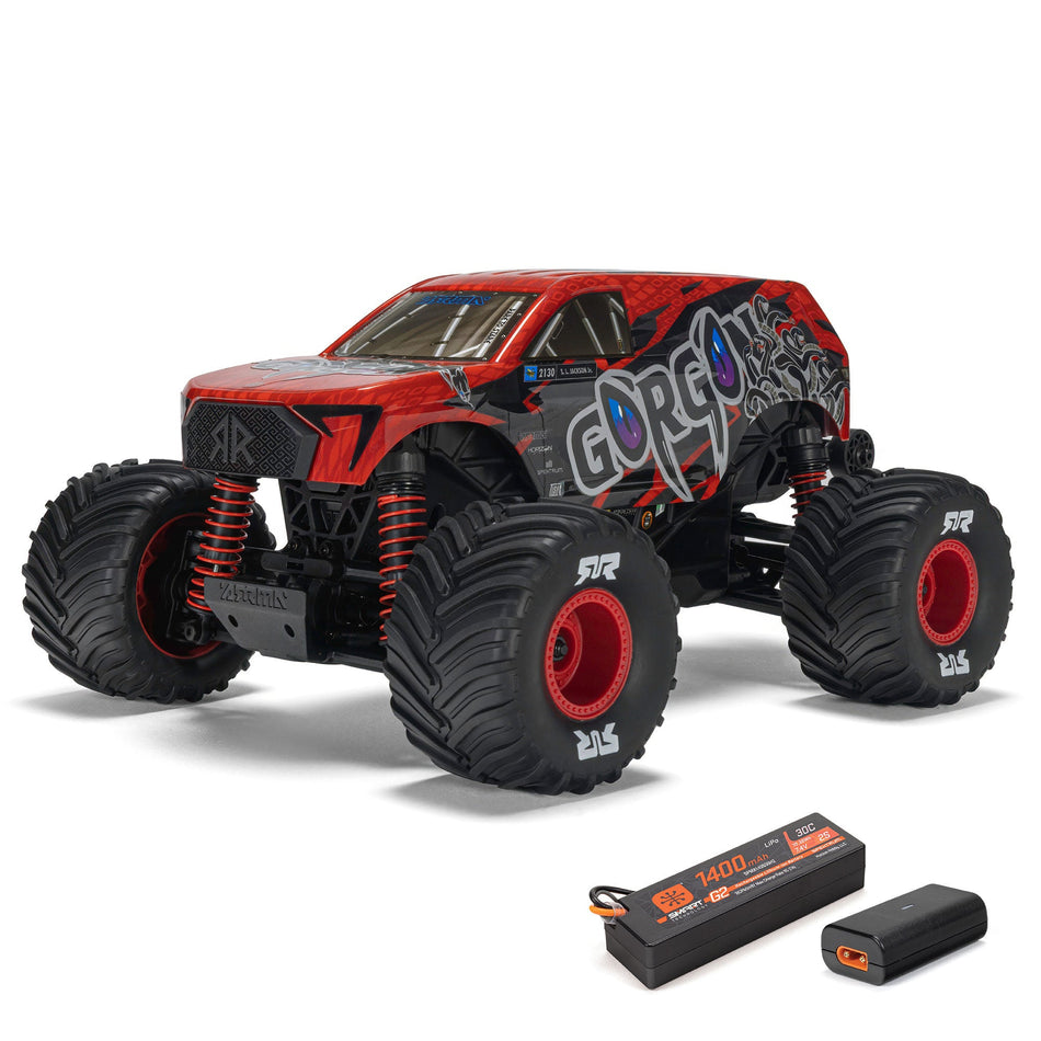 Red and black monster truck with 'RTR Ready to Run' label on a white background