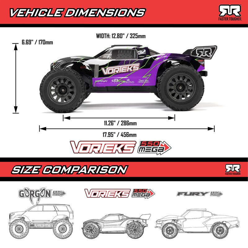 ARRMA 1/10 VORTEKS MEGA 550 2WD Stadium Truck RTR with Battery & Charger, Purple