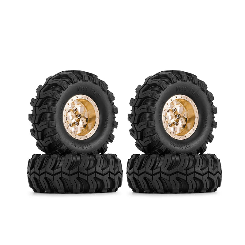 Four black off-road tires with gold centers on a white background, featuring the INJORA brand.
