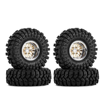 Four black off-road tires with gold rims on a white background, featuring the INJORA brand.