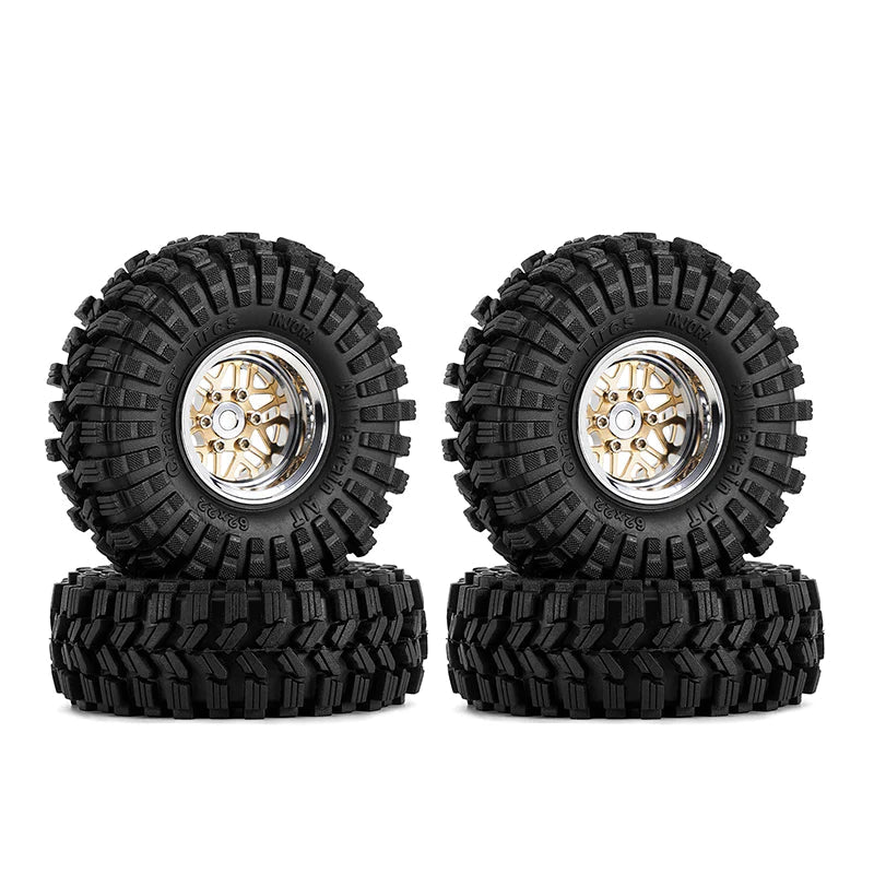 Four black off-road tires with gold rims on a white background, featuring the INJORA brand.