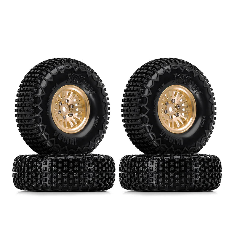 Four black tires with gold centers on a white background, featuring the INJORA brand.