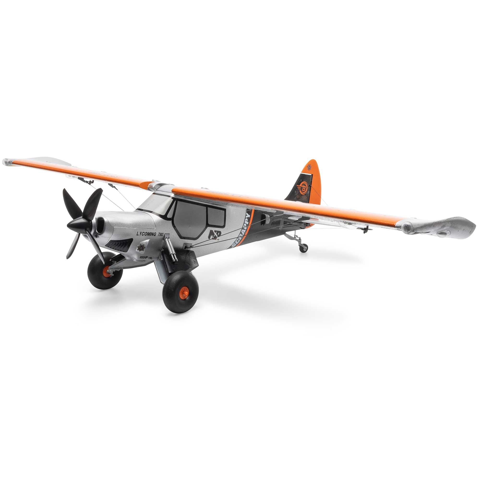 Model airplane with orange and gray color scheme on a white background