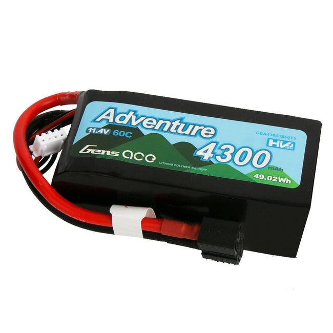 Gens Ace Adventure High Voltage 4300mAh 3S1P 11.4V 60C Lipo Battery with Deans and XT60 adapter