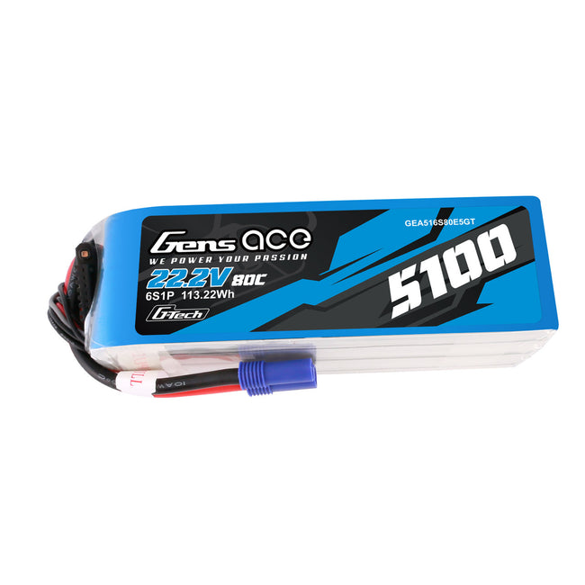Gens ace 22.2V 6S 80C 5100mah G-tech Lipo Battery Pack with EC5 Plug
