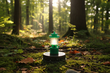Green lantern on a forest floor with sunlight filtering through trees