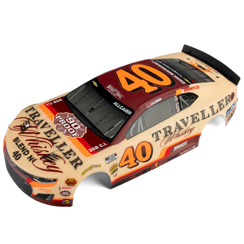 A 1/12 scale diecast model of a #40 Al Unser 'Blind N' Blind' 1983 Alligator Racing stock car, featuring a custom beige, orange, and maroon 'Traveller Whiskey' livery. The model is photographed from a high-angle perspective against a clean white background.