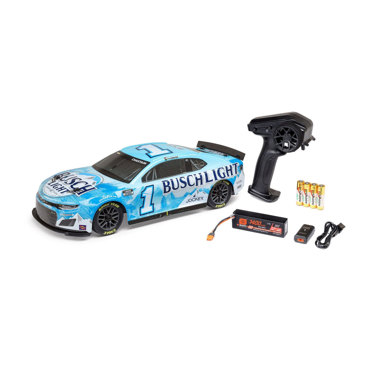 RC car with remote control and accessories on a white background