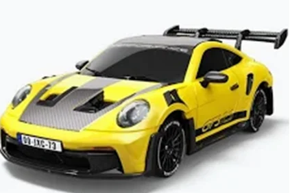 A yellow and black Porsche 911 GT3 race car model with a carbon fiber pattern hood and black rear wing, shown on a light gray background.