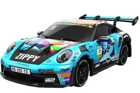 A miniature model of a Porsche 911 GT3 race car, decorated with a vibrant blue and black livery featuring colorful graphics, sponsor logos, and the name 'ZIPPY' on the hood, set against a plain white background.
