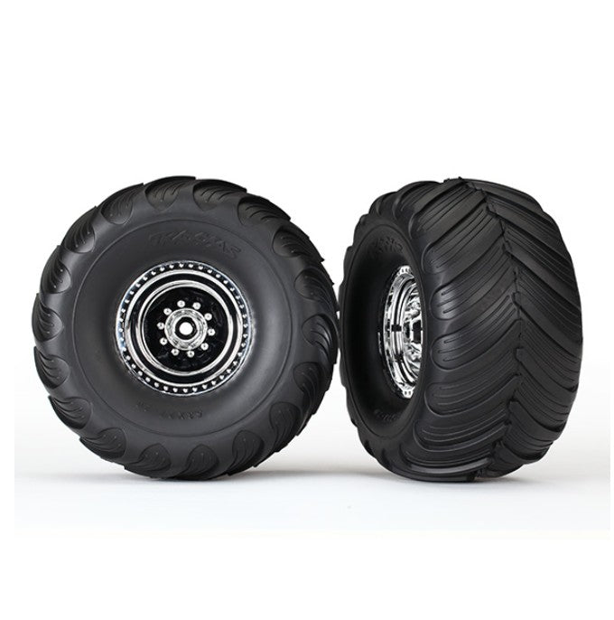 3663X Traxxas Monster Truck Chrome Wheels & Terra Groove Tires (2)