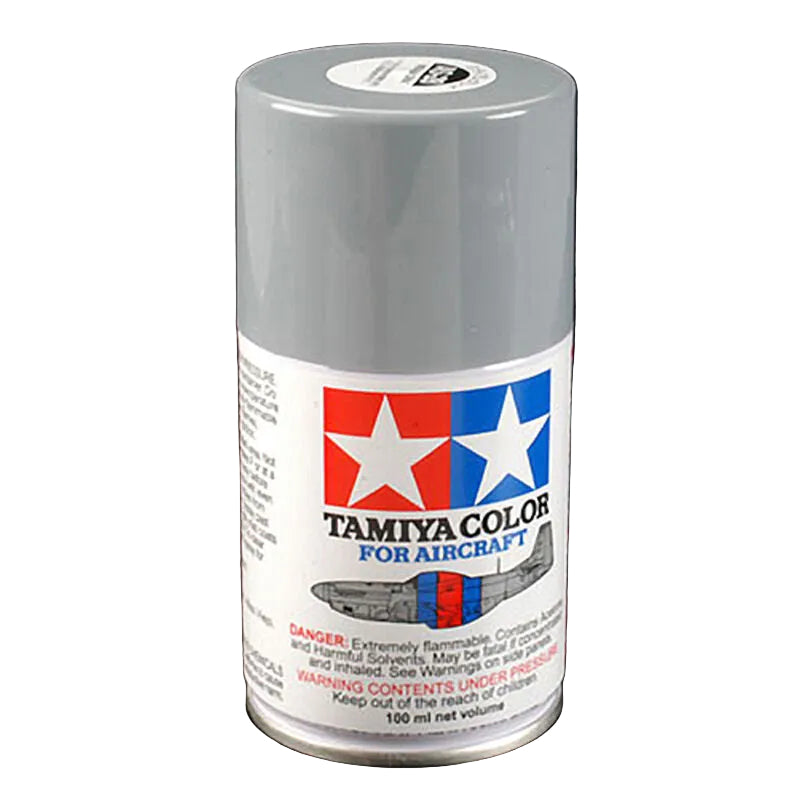 A 100 ml can of Tamiya Color for Aircraft spray paint in a light gray color, featuring the red, white, and blue Tamiya logo on the label.