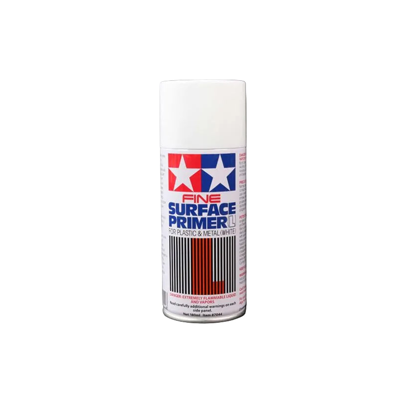 Tamiya fine surface primer spray can on a white background