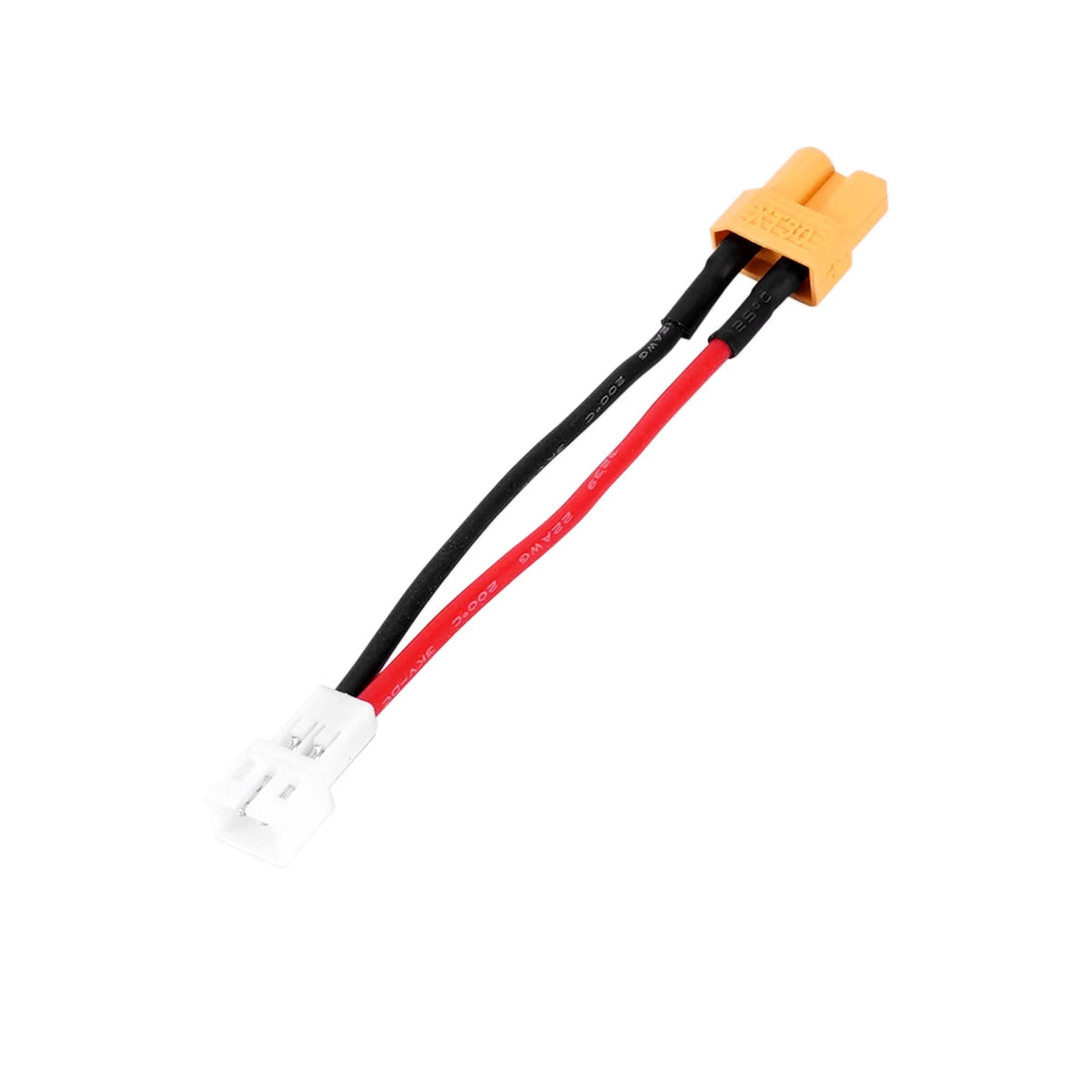Female XT30 to Male JST PH2.0 cable connector with dimensions on a white background