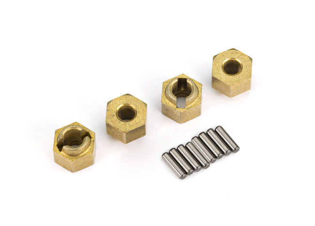 9750X Wheel hubs, 7mm hex, brass (1 gram each) (4)/ axle pins (8)