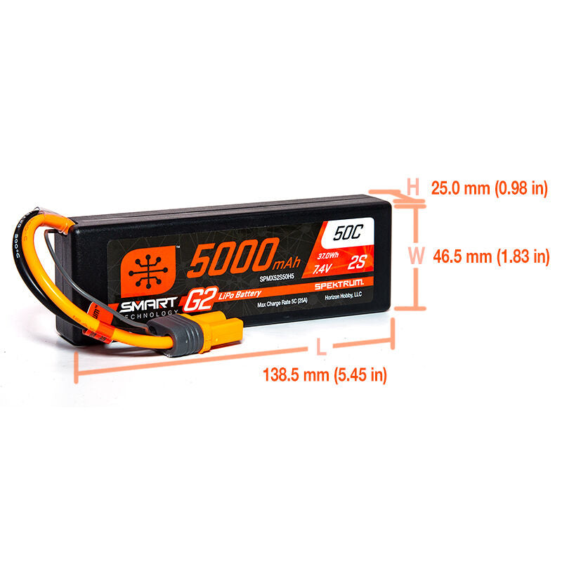 Spektrum SPMX52S50H5 5000mAh 7.4V 2S 50C Smart G2 Hardcase LiPo Battery — IC5