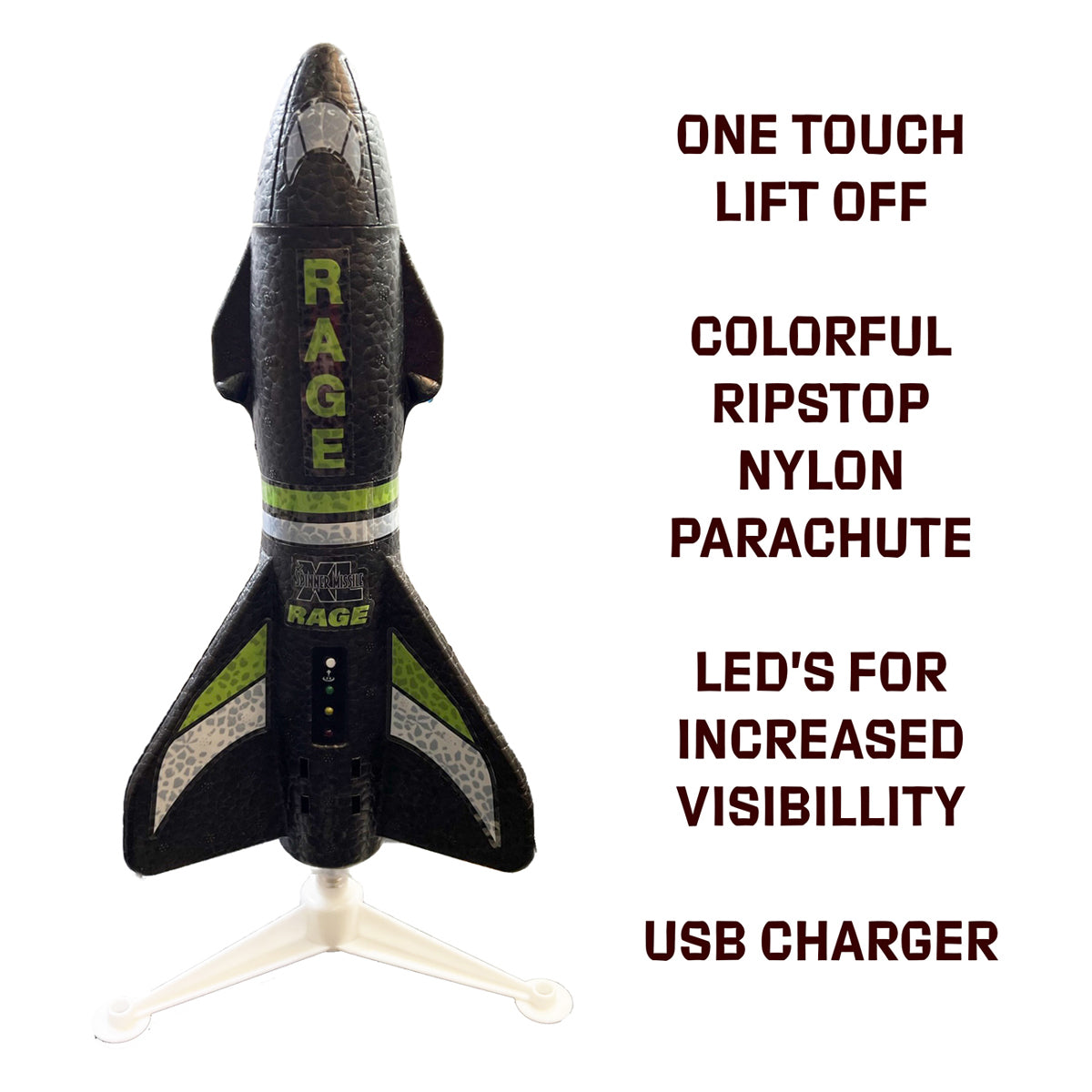 Spinner Missile XL Electric Free-Flight Rocket with Parachute & LEDs, Black
