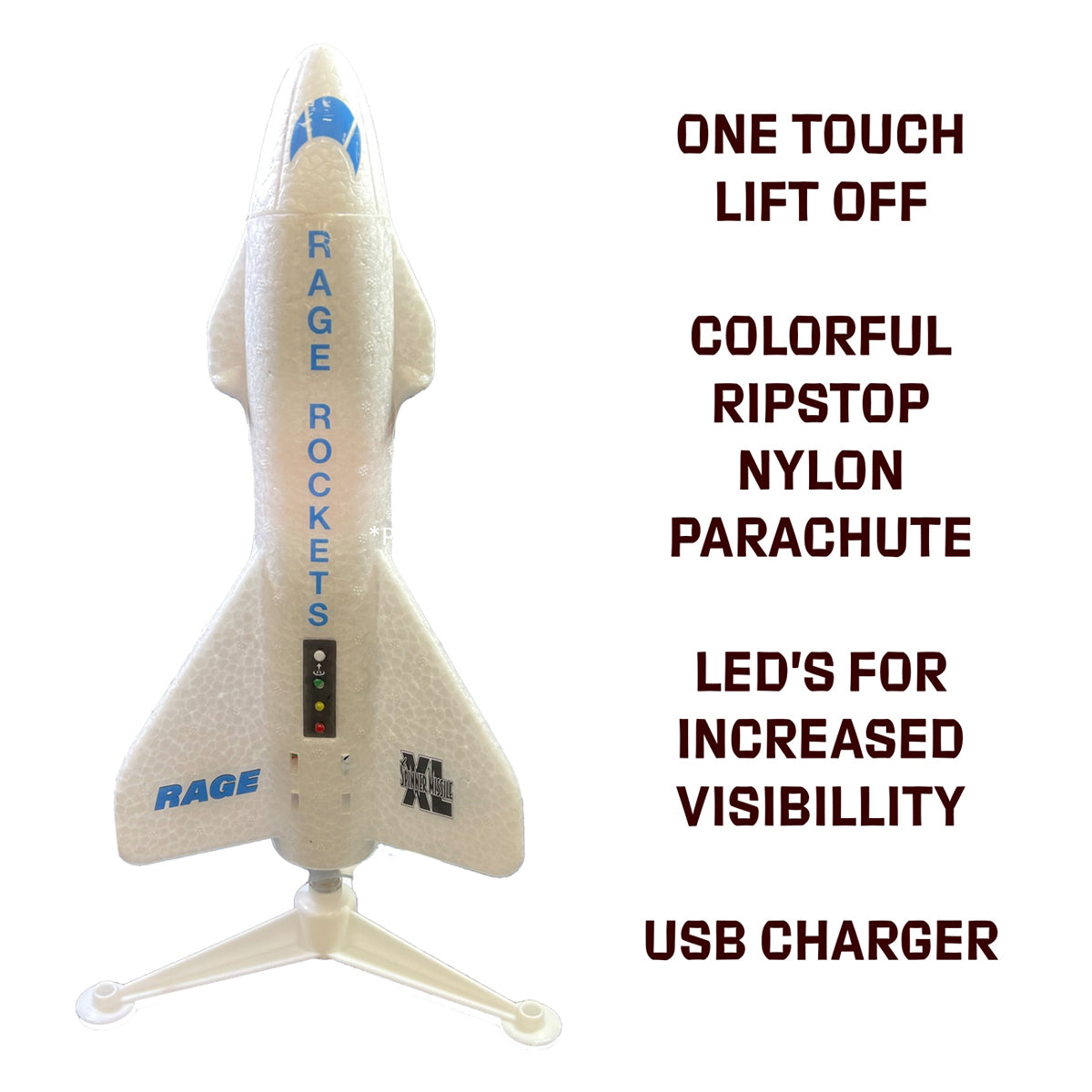 Spinner Missile XL Electric Free-Flight Rocket with Parachute & LEDs, White